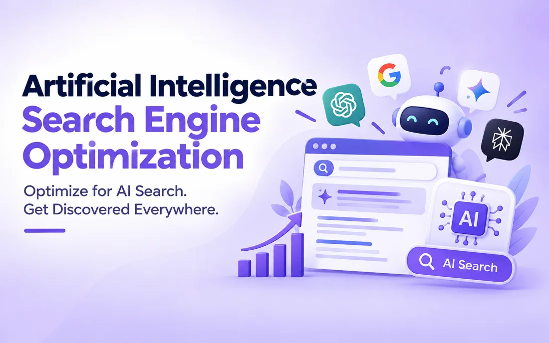 Artificial intelligence banner image | UnoSearch Promotional banner about Artificial Intelligence Search Engine Optimization with a purple background a cartoon robot and AI icons