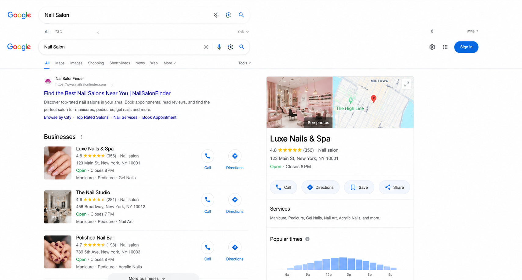 Google search results for Nail Salon showing local business listings and a right side knowledge panel with a map for Luxe Nails  Spa