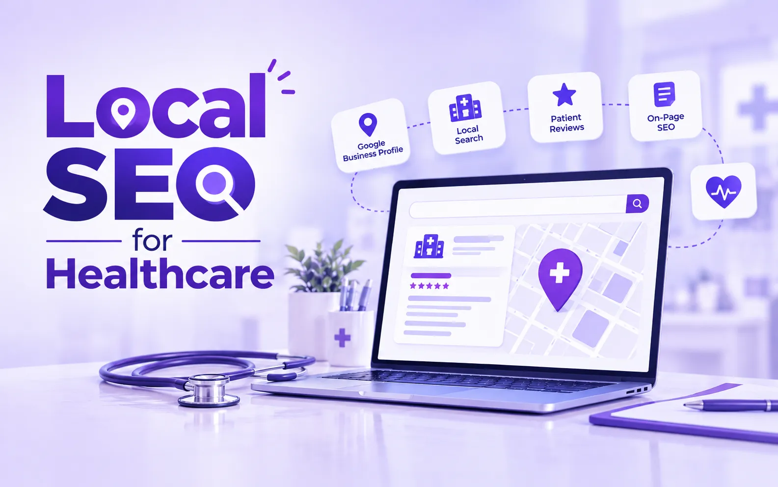 ChatGPT Image Oct 6 2026 023219 PM | UnoSearch Purple themed illustration promoting Local SEO for Healthcare featuring a laptop map and medical icons with a stethoscope nearby