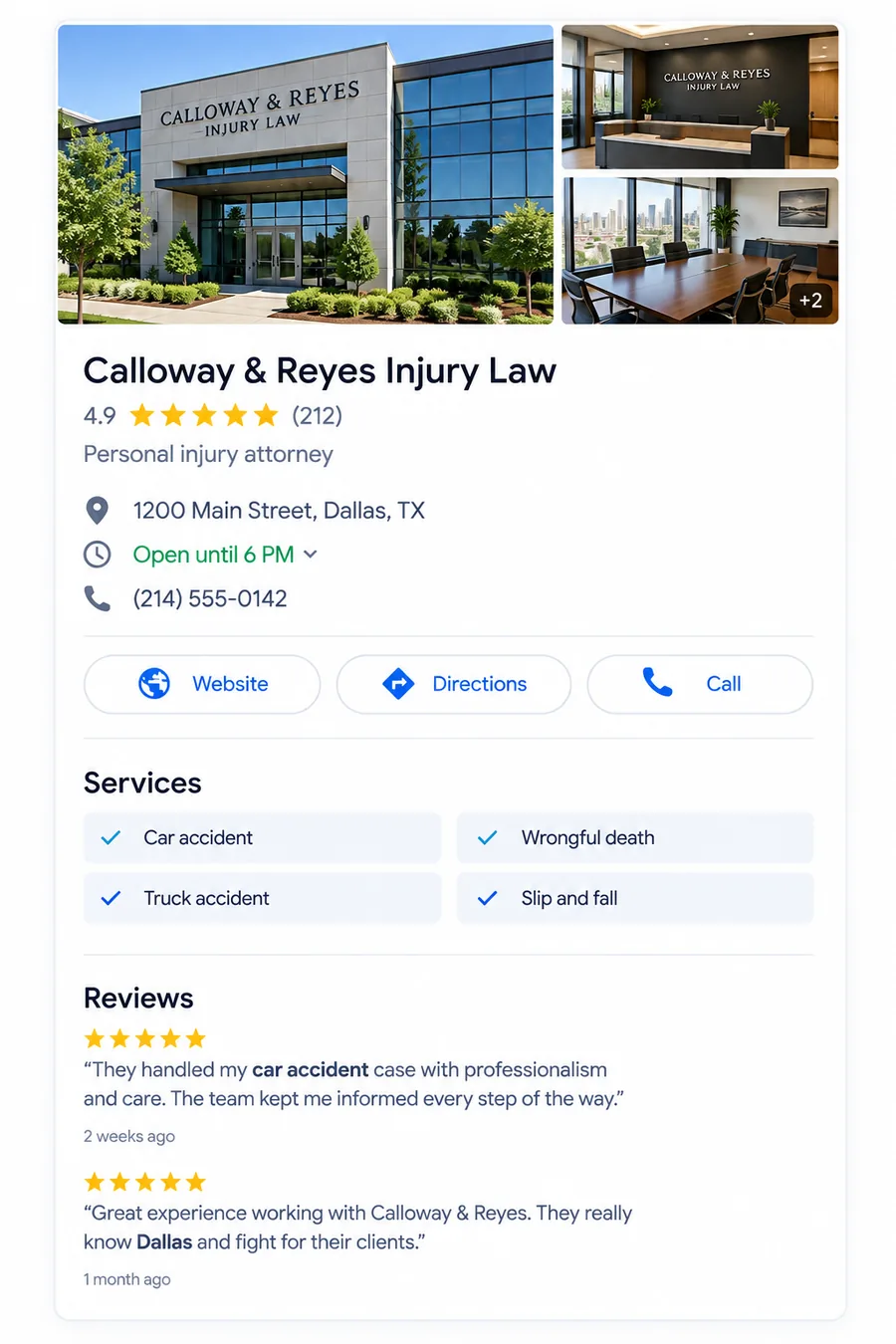 Business profile card for Calloway  Reyes Injury Law showing exterior office building interior reception and meeting room images 49 rating from 212 reviews address hours phone and services list