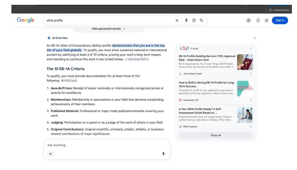 Google search results page for eb1 profile with criteria list on the left and related cards on the right including a sponsorship bar at the top