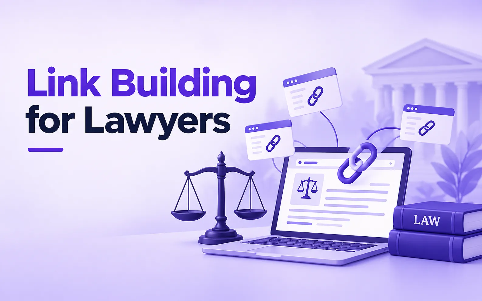 LinkbuildingforLawyers | UnoSearch Banner reading Link Building for Lawyers with a laptop scales of justice chain links and stacked law books on a purple backdrop