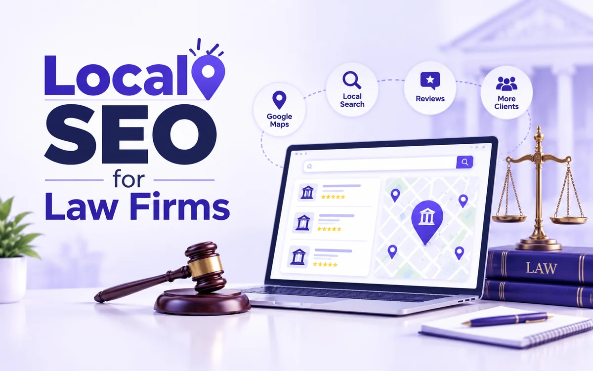 Local SEO For law firms | UnoSearch Graphic promoting Local SEO for law firms with a laptop displaying a map and ranking icons plus a gavel scales and law books in the scene