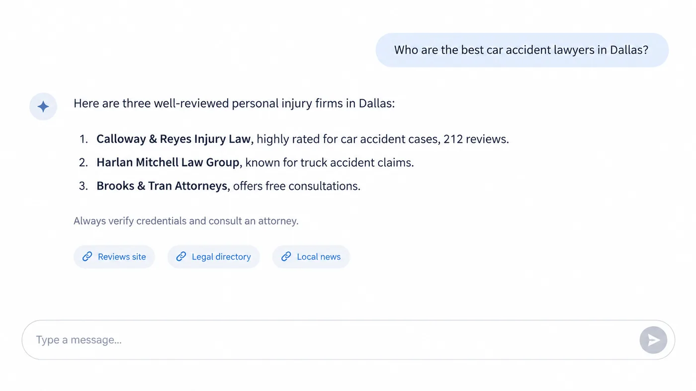 Google search results for personal injury lawyer Dallas TX showing a Dallas map with pins for Calloway  Reyes Injury Law Harlan Mitchell Law Group and Brooks  Tran Attorneys open hours shown