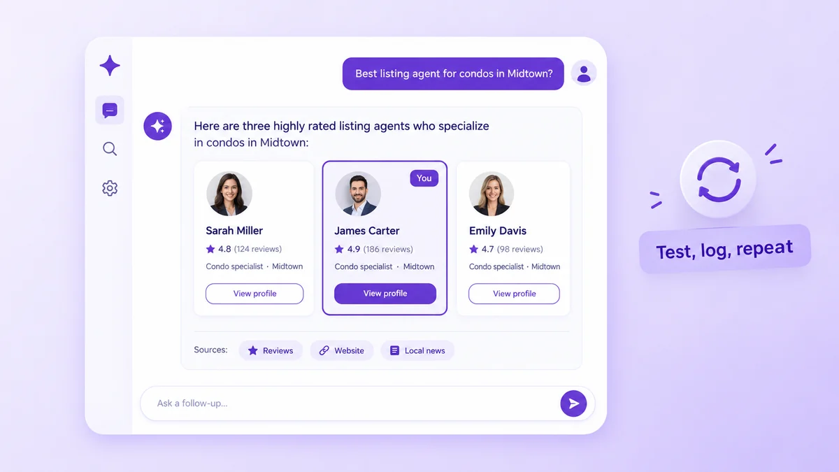 UI mockup of a purple dashboard showing three agent cards with profiles and a View profile button center card marked You