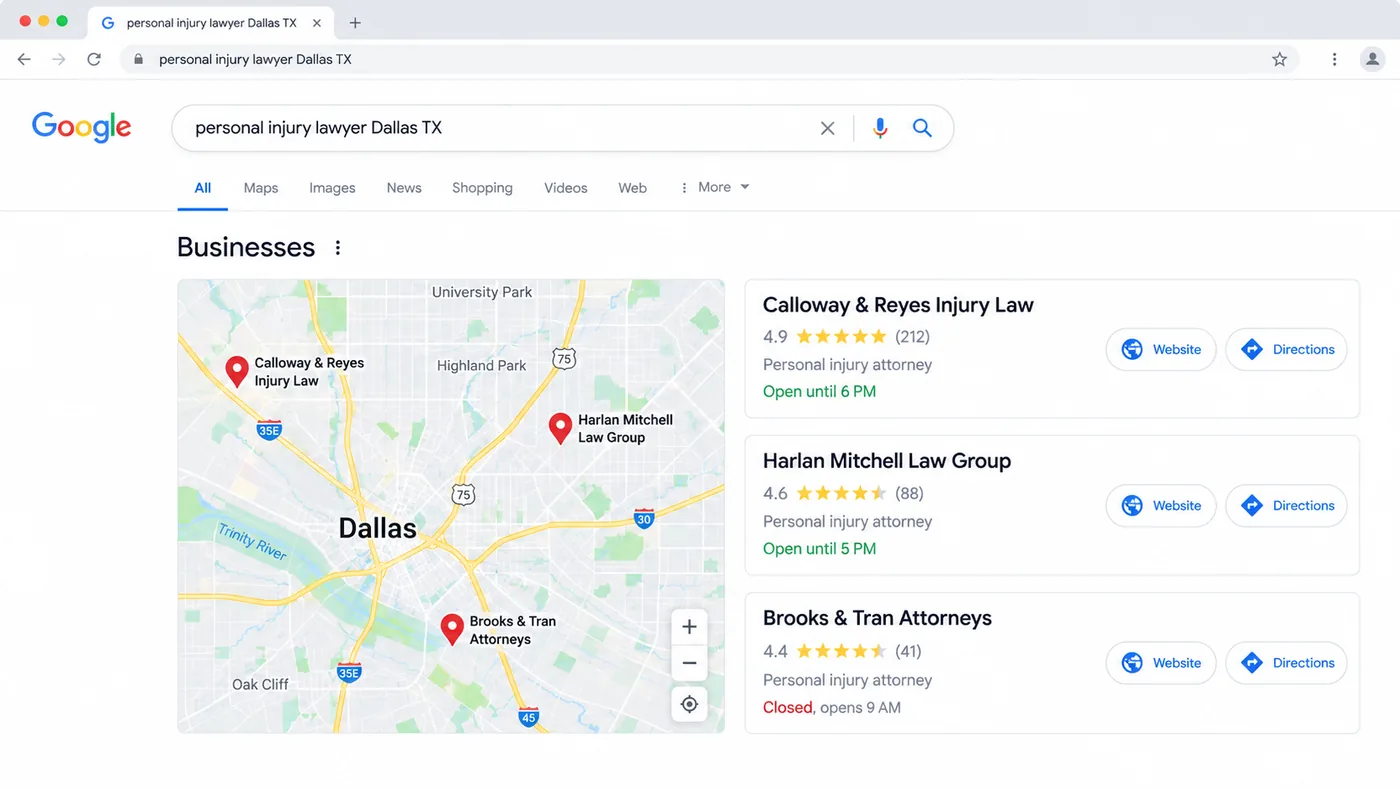 Google search results for personal injury lawyer Dallas TX showing a Dallas map with pins for Calloway  Reyes Injury Law Harlan Mitchell Law Group and Brooks  Tran Attorneys open hours shown
