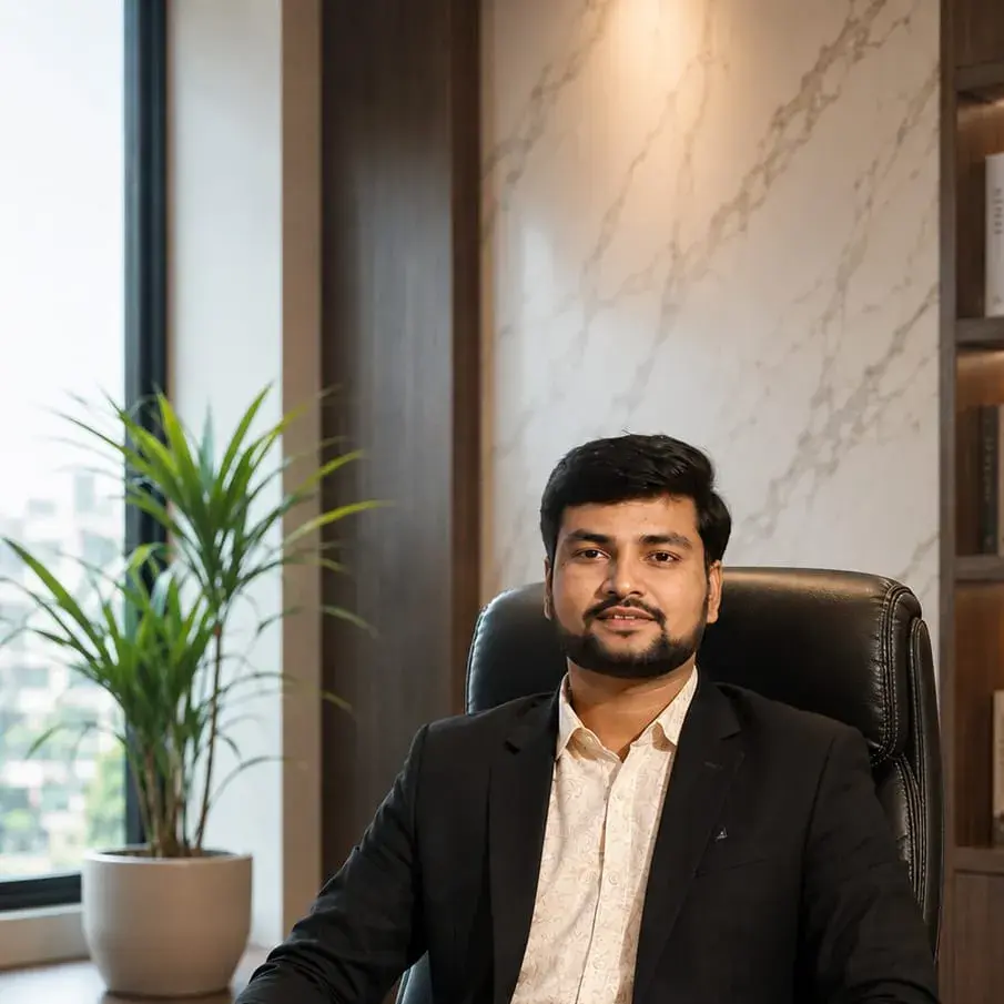 WhatsApp Image 20261005 at 53740 PM | UnoSearch Man in a black suit sits at a wooden desk in a modern office laptop open in front of him and a shelf with books behind
