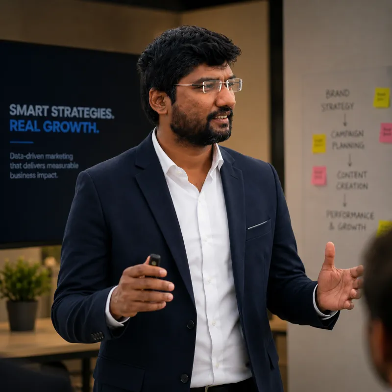 mahendarnath | UnoSearch Man in a navy blazer presenting in a conference room with a Smart Strategies Real Growth slide behind him
