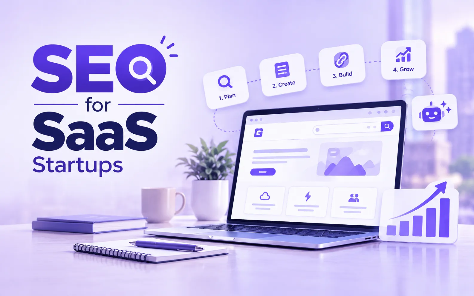 seo for saas startups | UnoSearch SEO for SaaS Startups laptop and workflow icons showing Plan Create Build Grow steps on a purple toned desk scene